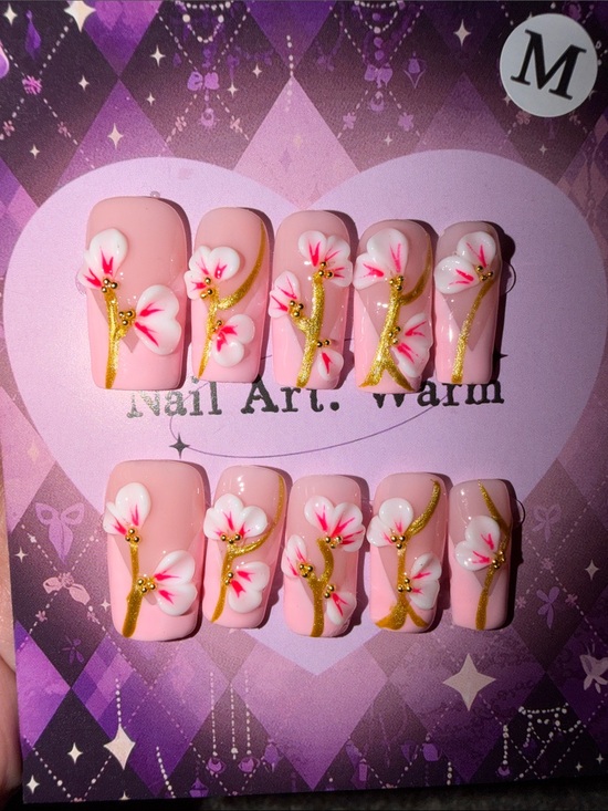 Other - Handmade Pink Floral Press-On Nails with Gold Branch Accents